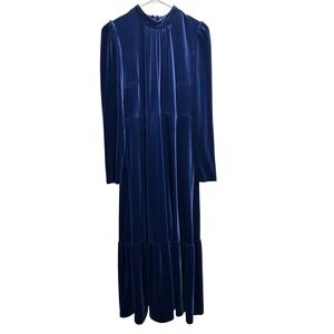 Boden Blue‎ Velvet High Neck Tiered Maxi Dress Long Sleeve US 10R Elegant Formal